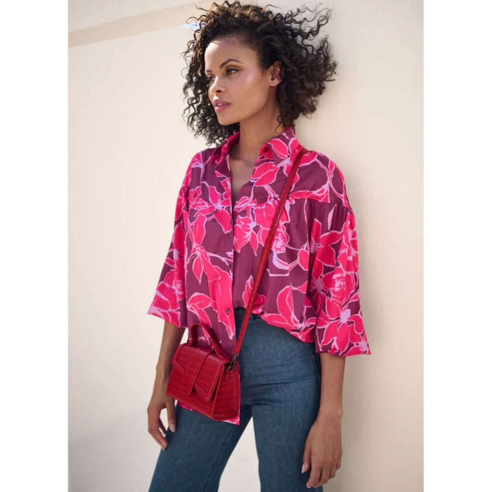 Venus Floral Button‎ Down Shirt Top Fuchsia Red Purple Womens XS